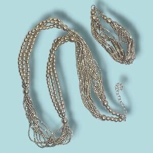Matte Silver Tone Multi-Strand Metal Bead Necklace‎ & Bracelet Set